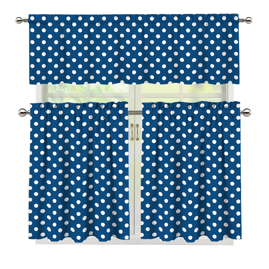 Navy And White Polka Dot Pattern Print 3 Piece Kitchen Curtains