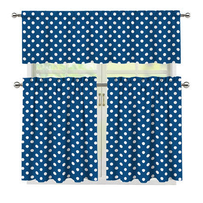 Navy And White Polka Dot Pattern Print 3 Piece Kitchen Curtains