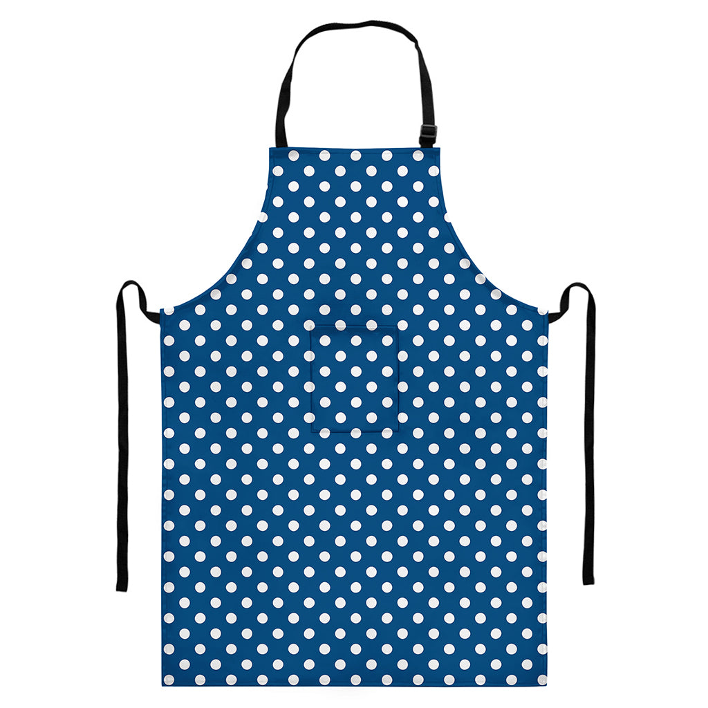 Navy And White Polka Dot Pattern Print Bib Apron With Pocket