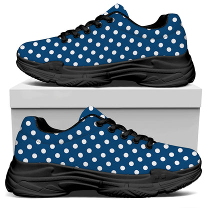 Navy And White Polka Dot Pattern Print Black Chunky Shoes