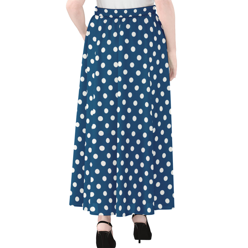 Navy And White Polka Dot Pattern Print Chiffon Maxi Skirt