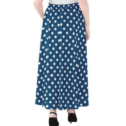 Navy And White Polka Dot Pattern Print Chiffon Maxi Skirt