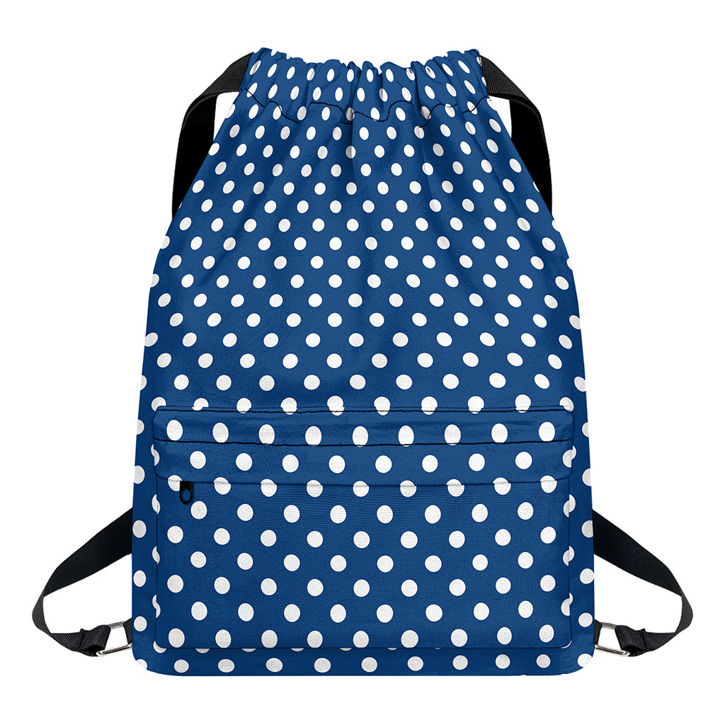 Navy And White Polka Dot Pattern Print Drawstring Backpack