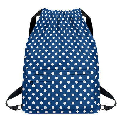 Navy And White Polka Dot Pattern Print Drawstring Backpack