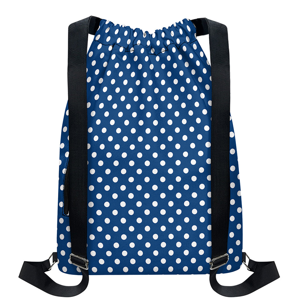 Navy And White Polka Dot Pattern Print Drawstring Backpack