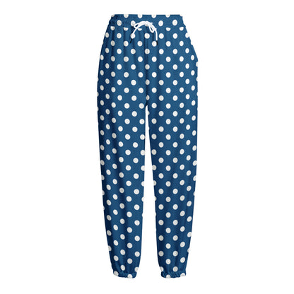 Navy And White Polka Dot Pattern Print Fleece Lined Knit Pants