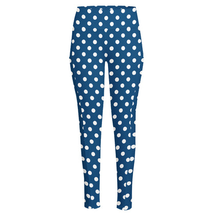 Navy And White Polka Dot Pattern Print High-Waisted Pocket Leggings