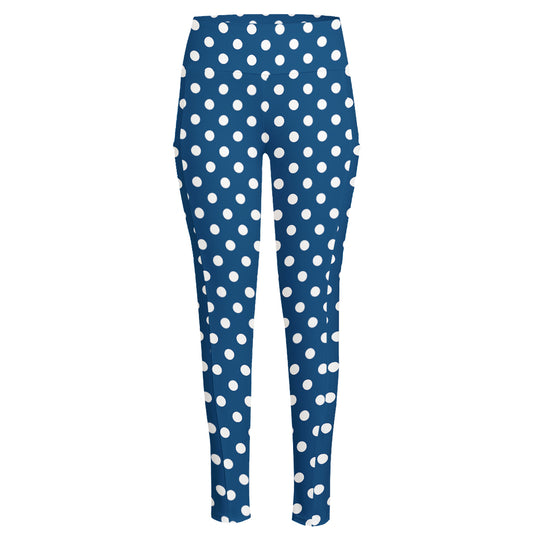 Navy And White Polka Dot Pattern Print High-Waisted Pocket Leggings