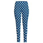 Navy And White Polka Dot Pattern Print High-Waisted Pocket Leggings