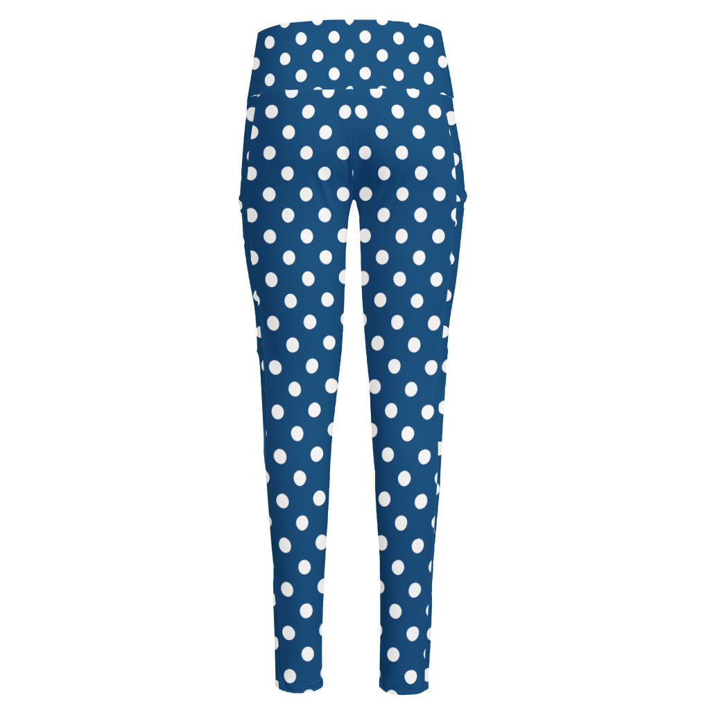 Navy And White Polka Dot Pattern Print High-Waisted Pocket Leggings