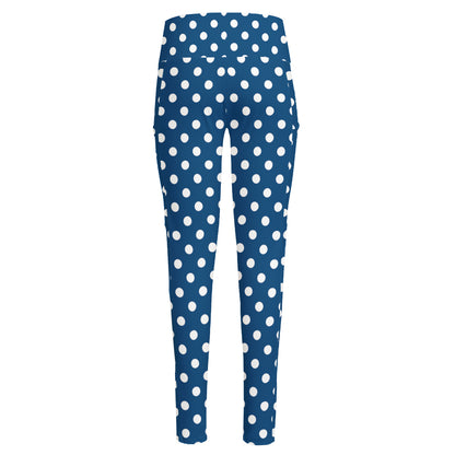 Navy And White Polka Dot Pattern Print High-Waisted Pocket Leggings