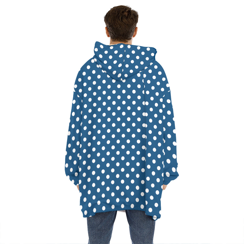 Navy And White Polka Dot Pattern Print Hoodie Blanket