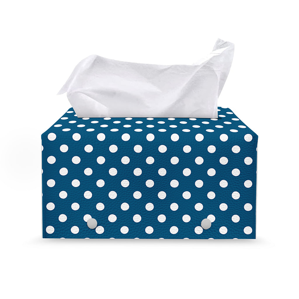 Navy And White Polka Dot Pattern Print Leather Tissue Box Cover