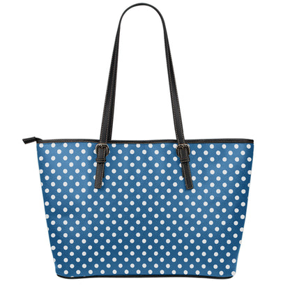 Navy And White Polka Dot Pattern Print Leather Tote Bag