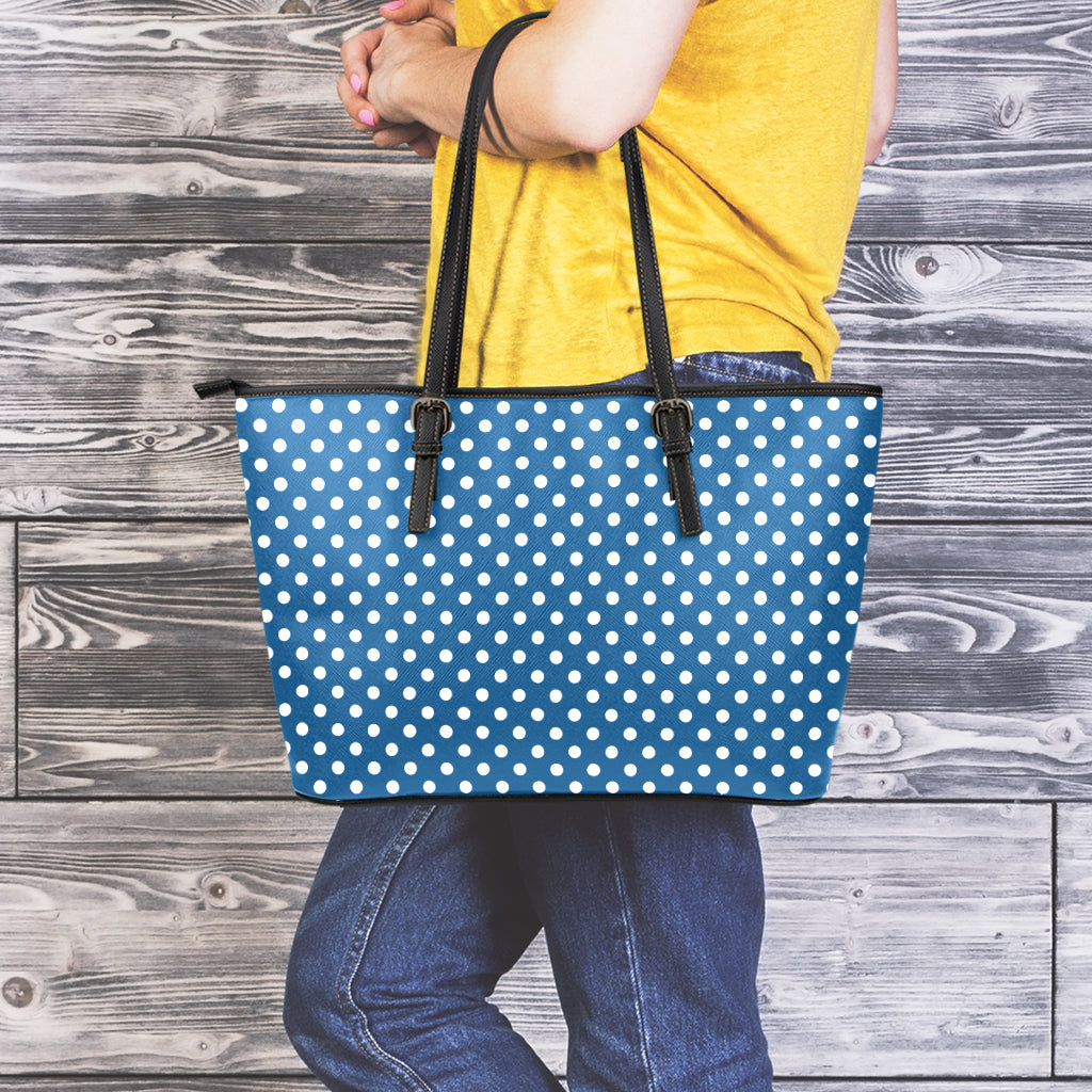 Navy And White Polka Dot Pattern Print Leather Tote Bag