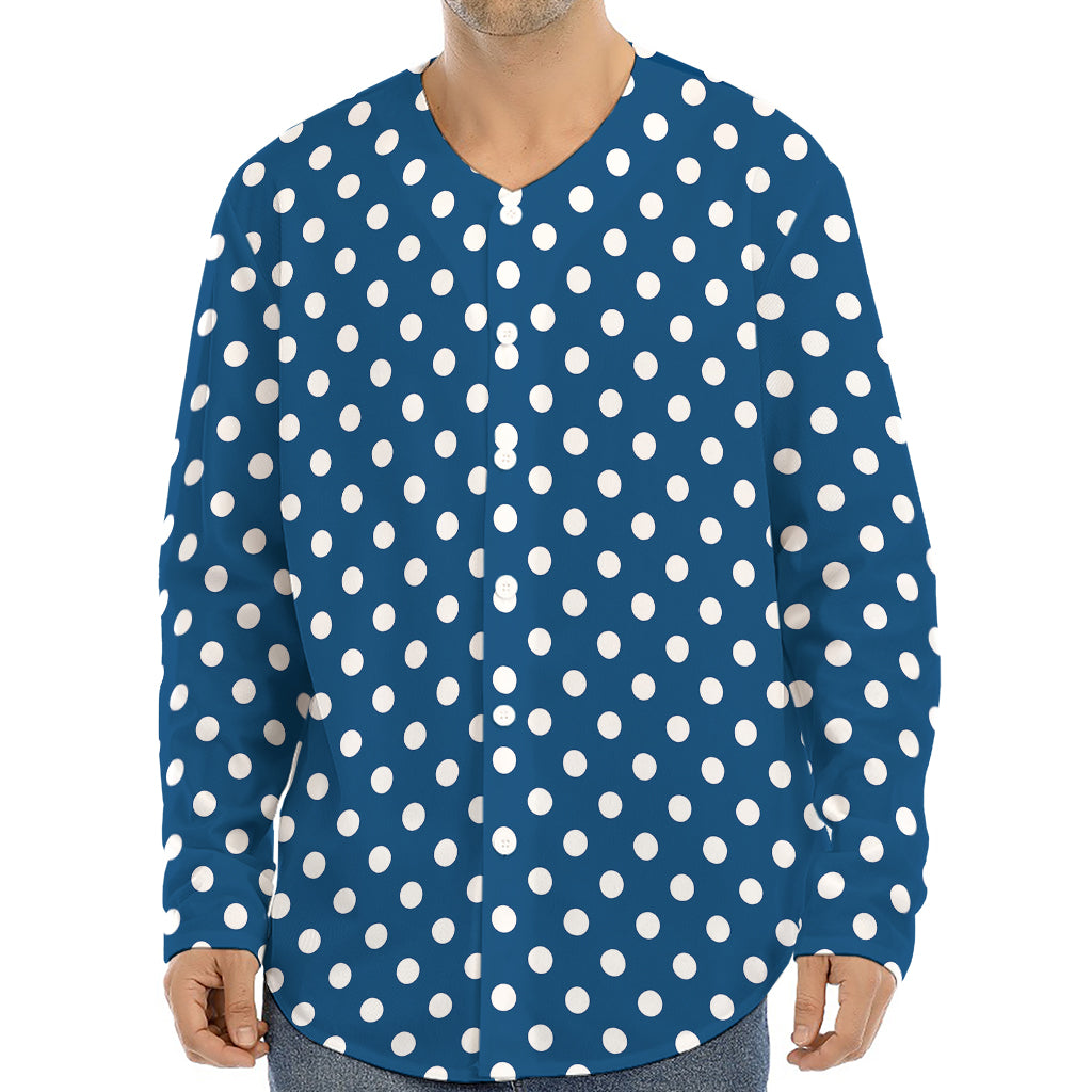 Navy And White Polka Dot Pattern Print Long Sleeve Baseball Jersey