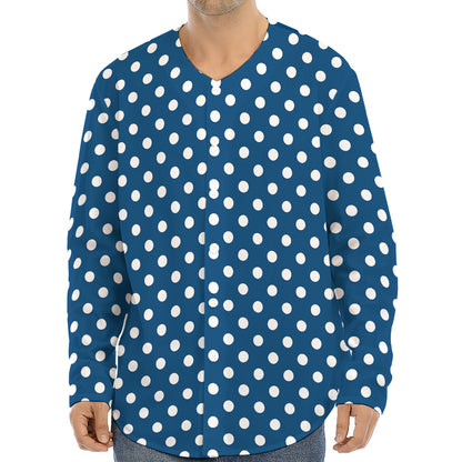 Navy And White Polka Dot Pattern Print Long Sleeve Baseball Jersey