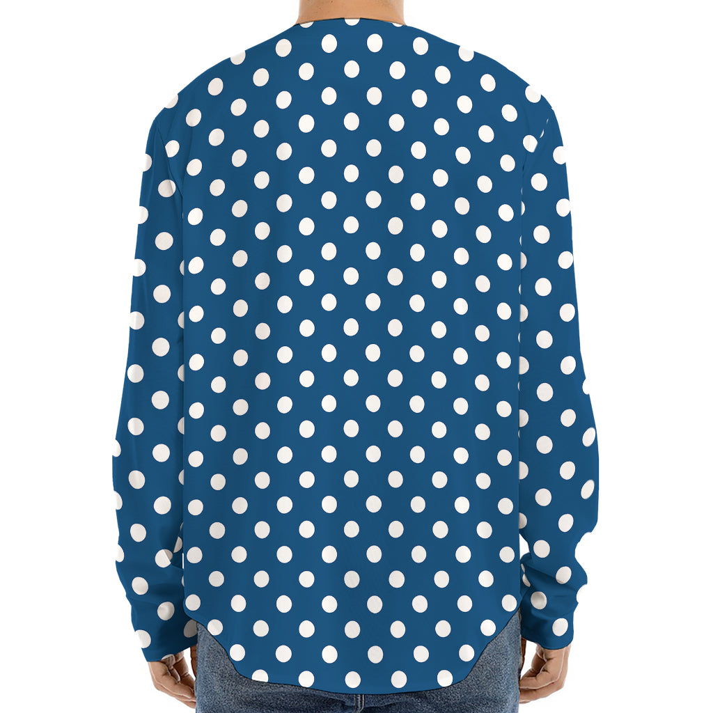 Navy And White Polka Dot Pattern Print Long Sleeve Baseball Jersey