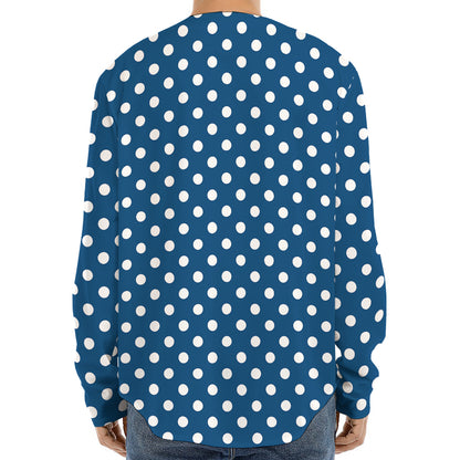 Navy And White Polka Dot Pattern Print Long Sleeve Baseball Jersey