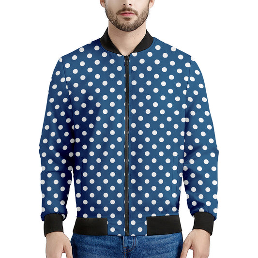 Navy And White Polka Dot Pattern Print Men's Bomber Jacket