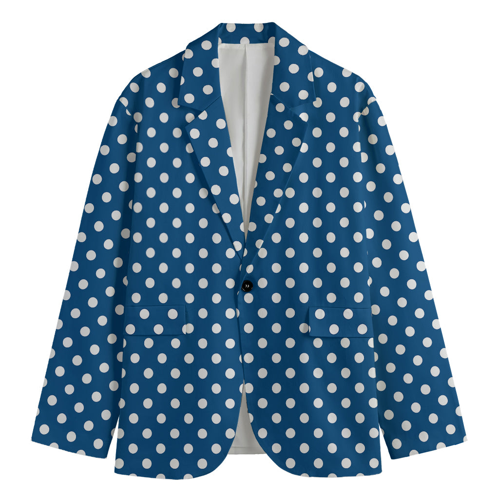 Navy And White Polka Dot Pattern Print Men's Cotton Blazer