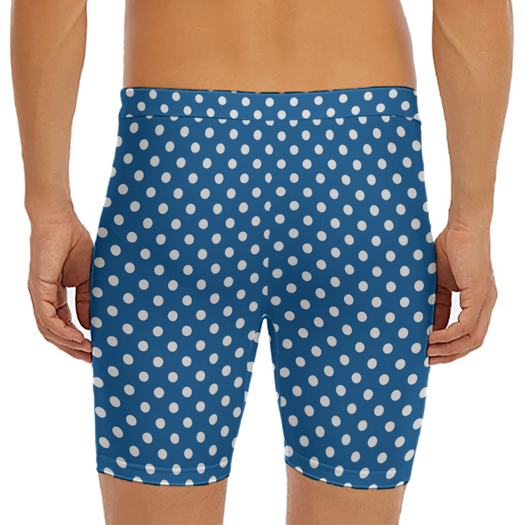 Navy And White Polka Dot Pattern Print Men's Long Boxer Briefs