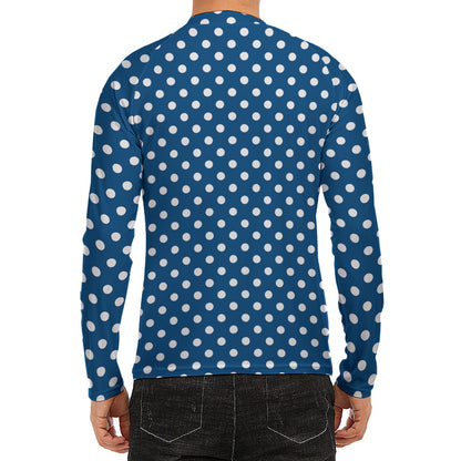 Navy And White Polka Dot Pattern Print Men's Long Sleeve Rash Guard
