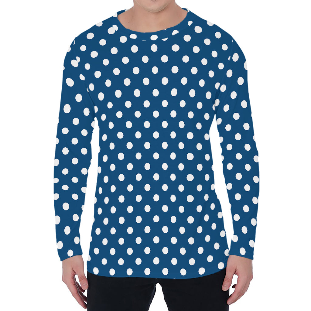 Navy And White Polka Dot Pattern Print Men's Long Sleeve T-Shirt