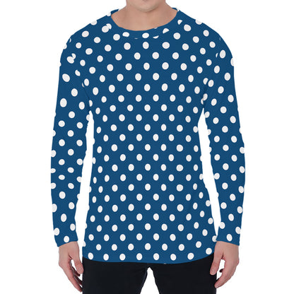 Navy And White Polka Dot Pattern Print Men's Long Sleeve T-Shirt