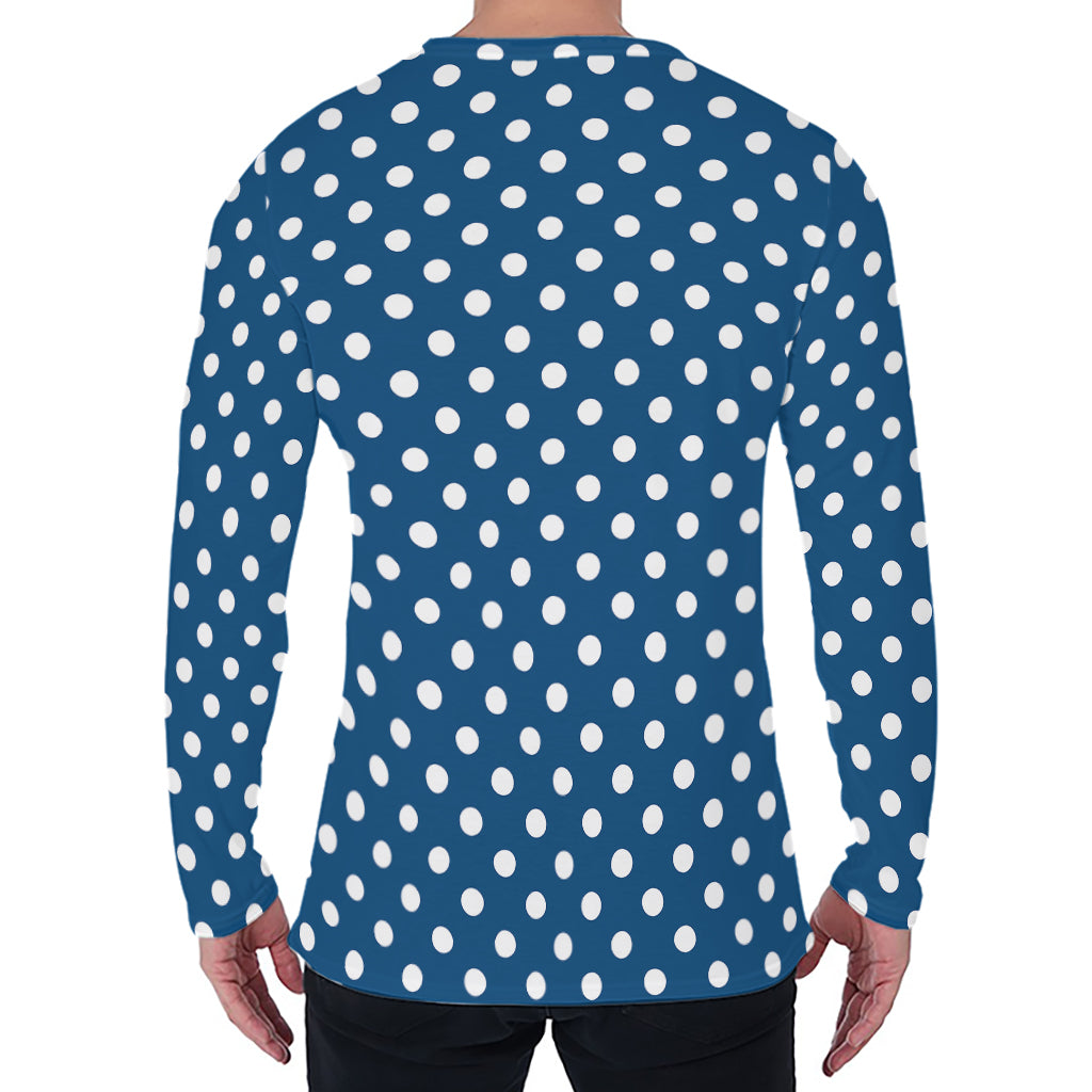 Navy And White Polka Dot Pattern Print Men's Long Sleeve T-Shirt