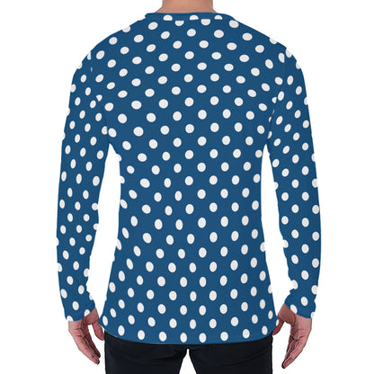 Navy And White Polka Dot Pattern Print Men's Long Sleeve T-Shirt