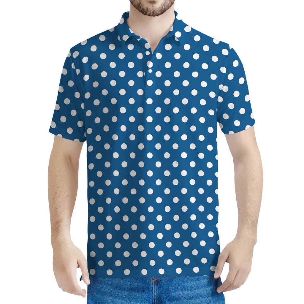 Navy And White Polka Dot Pattern Print Men's Polo Shirt