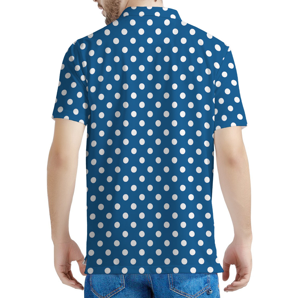 Navy And White Polka Dot Pattern Print Men's Polo Shirt