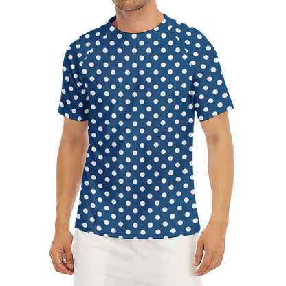 Navy And White Polka Dot Pattern Print Men's Short Sleeve Rash Guard