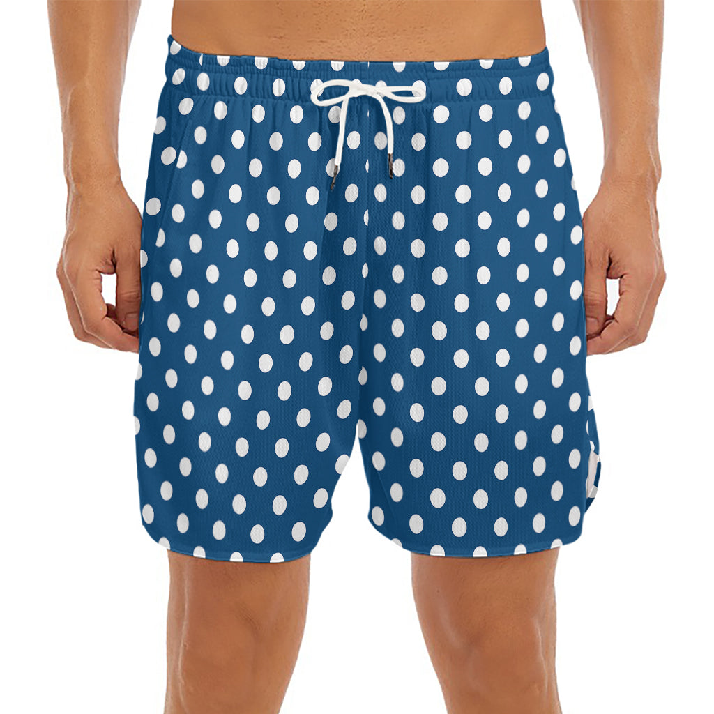 Navy And White Polka Dot Pattern Print Men's Split Running Shorts