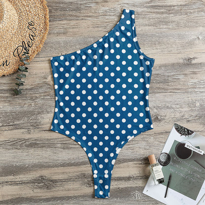 Navy And White Polka Dot Pattern Print One Shoulder Bodysuit