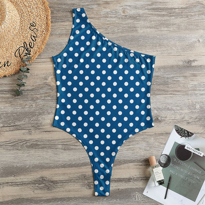 Navy And White Polka Dot Pattern Print One Shoulder Bodysuit
