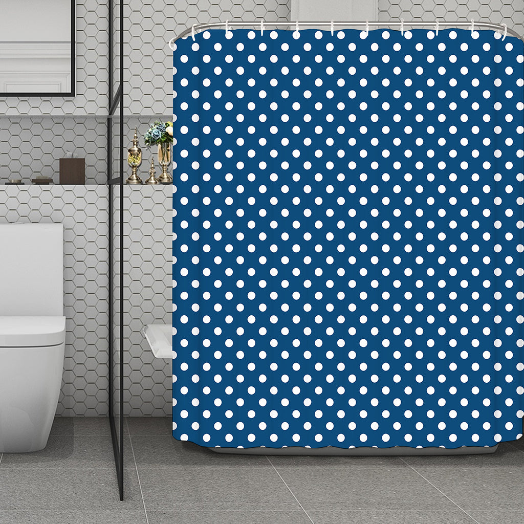 Navy And White Polka Dot Pattern Print Polyester Shower Curtain