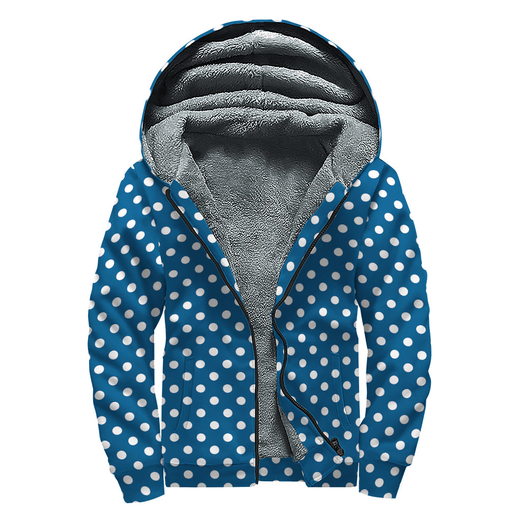 Navy And White Polka Dot Pattern Print Sherpa Lined Zip Up Hoodie