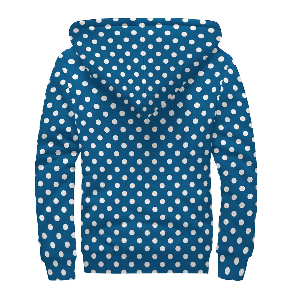 Navy And White Polka Dot Pattern Print Sherpa Lined Zip Up Hoodie