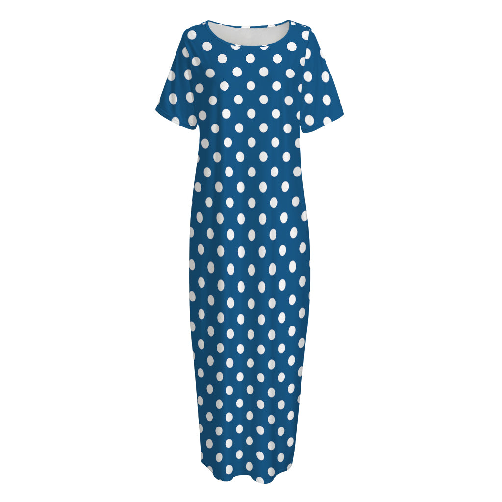 Navy And White Polka Dot Pattern Print Short Sleeve Long Nightdress