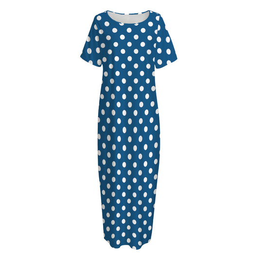 Navy And White Polka Dot Pattern Print Short Sleeve Long Nightdress