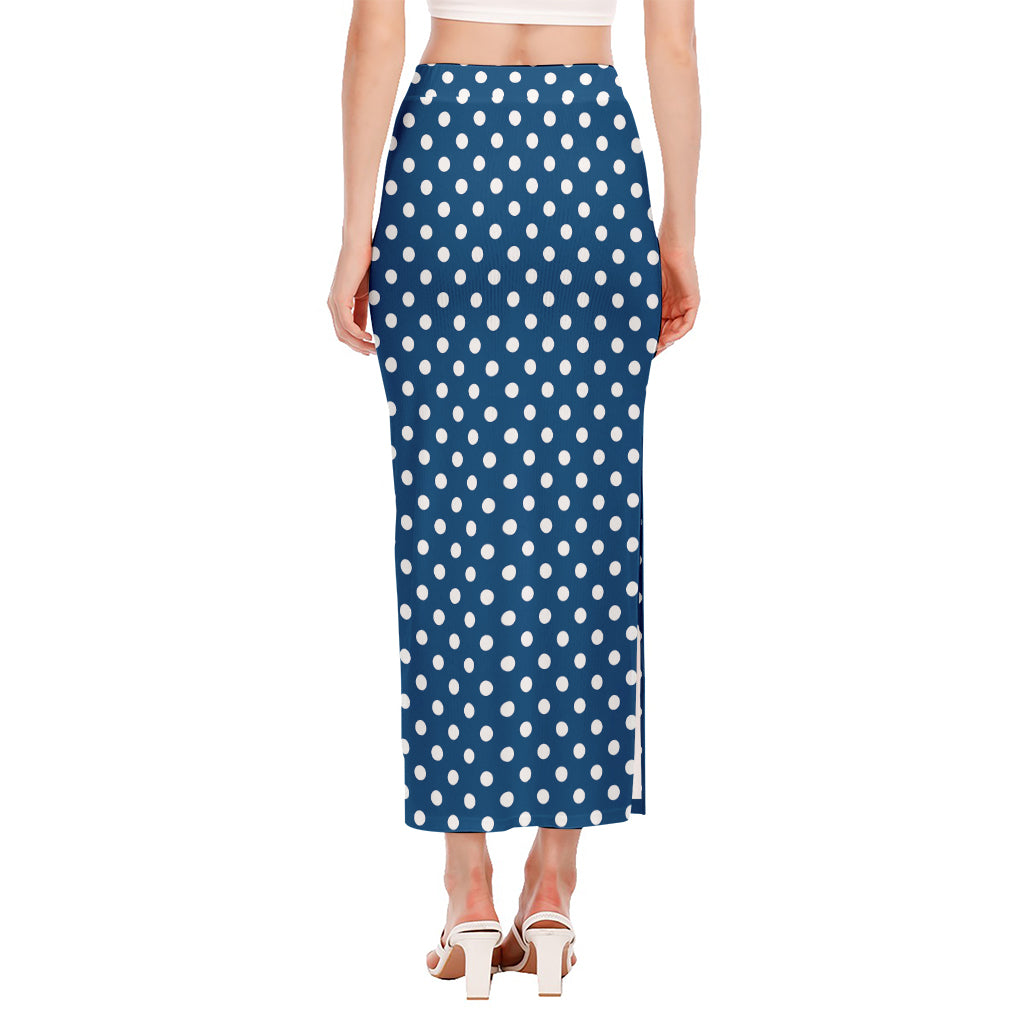 Navy And White Polka Dot Pattern Print Side Slit Maxi Skirt