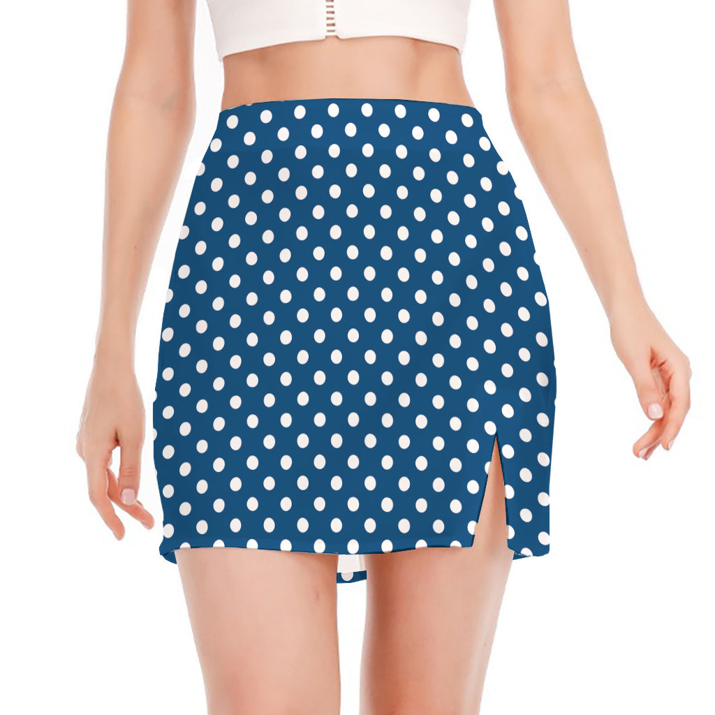 Navy And White Polka Dot Pattern Print Side Slit Mini Skirt