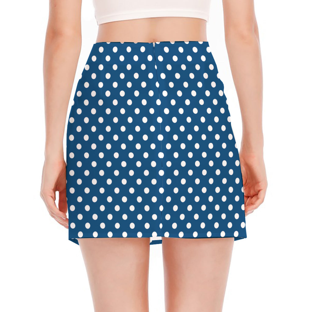 Navy And White Polka Dot Pattern Print Side Slit Mini Skirt