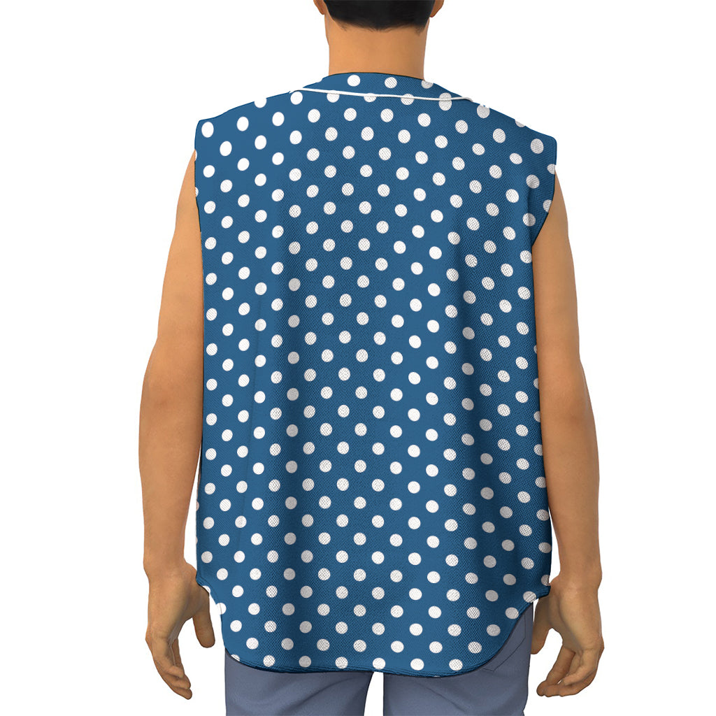 Navy And White Polka Dot Pattern Print Sleeveless Baseball Jersey
