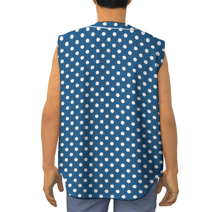 Navy And White Polka Dot Pattern Print Sleeveless Baseball Jersey