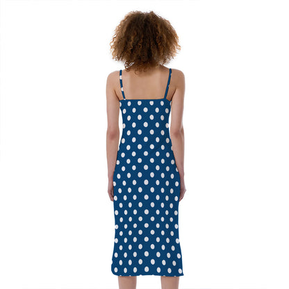 Navy And White Polka Dot Pattern Print Slim Fit Midi Cami Dress
