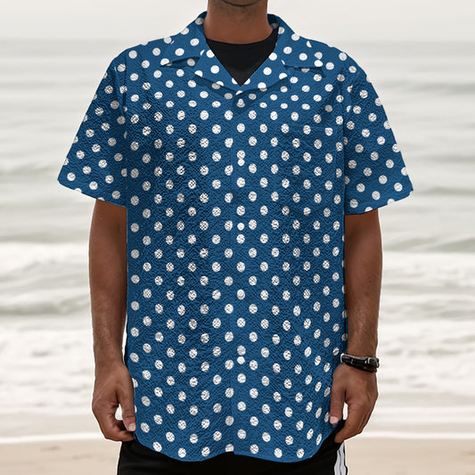 Navy And White Polka Dot Pattern Print Textured Short Sleeve Shirt