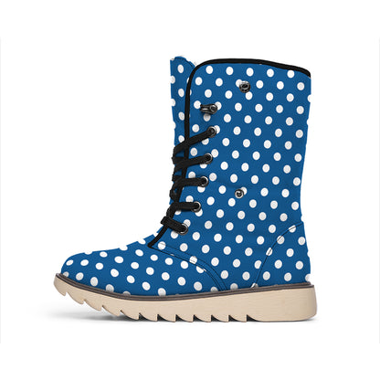 Navy And White Polka Dot Pattern Print Winter Boots